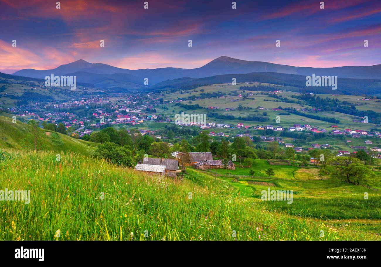 Beautiful summer landscape in the mountain village. Carpathian mountains, Ukraine, Europe. Geolocation 48.283993,24.398532 Stock Photo
