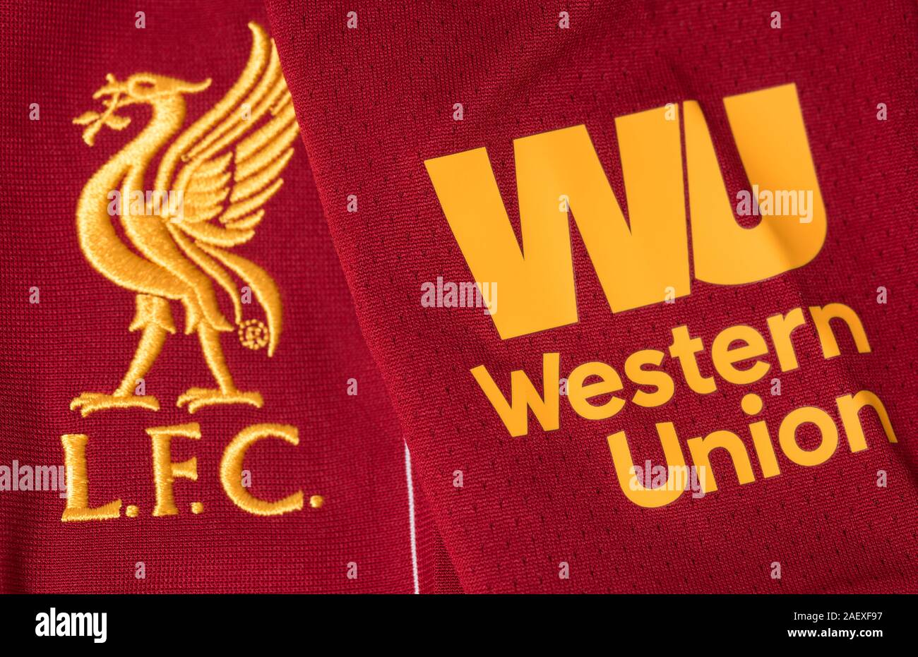 Close up of Liverpool FC kit 2019/20. Stock Photo