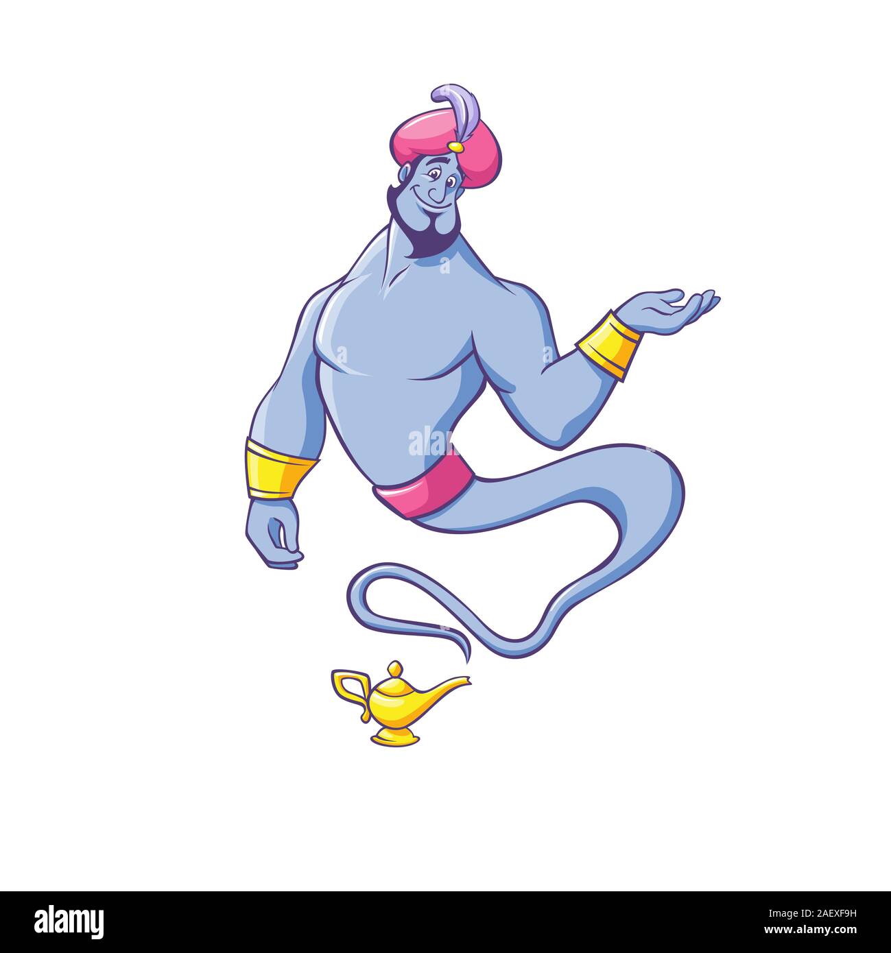 Jinn or genie in turban appearing from golden lamp and making offer Stock Vector
