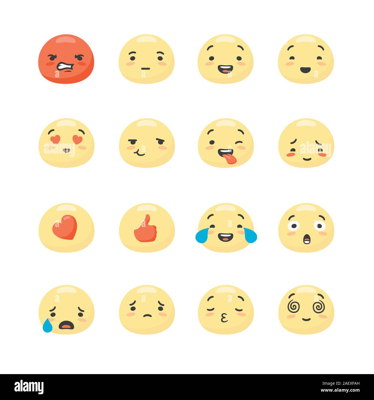 Collection of round yellow smiley faces expressing different emotions Stock Vector