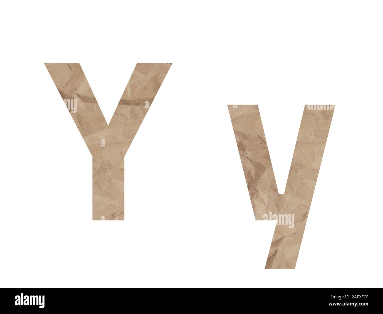 Letter Y font alphabet Lettring isolated on white. Crumpled wrapping paper textured effect, crease crack bruising. Isolate paper uppercase lowercase Stock Photo