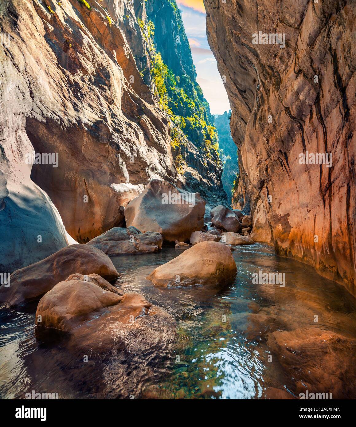 Colorful spring scene inside Goynuk canyon, located in District of Kemer, Antalya Province. Beautiful morning scenery in Turkey, Asia. Artistic style Stock Photo