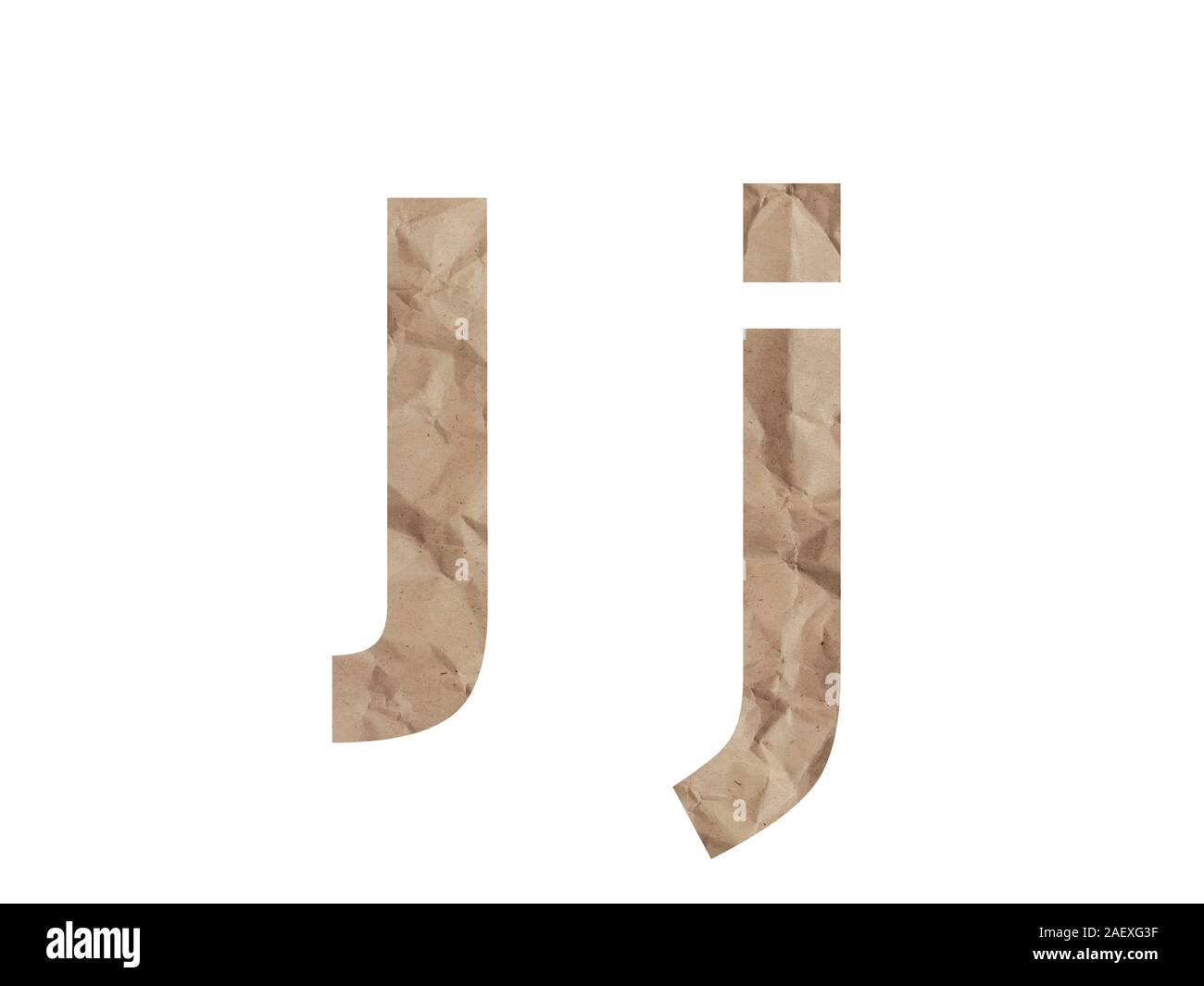 Letter J font alphabet Lettring isolated on white. Crumpled wrapping paper textured effect, crease crack bruising. Isolate paper uppercase lowercase Stock Photo