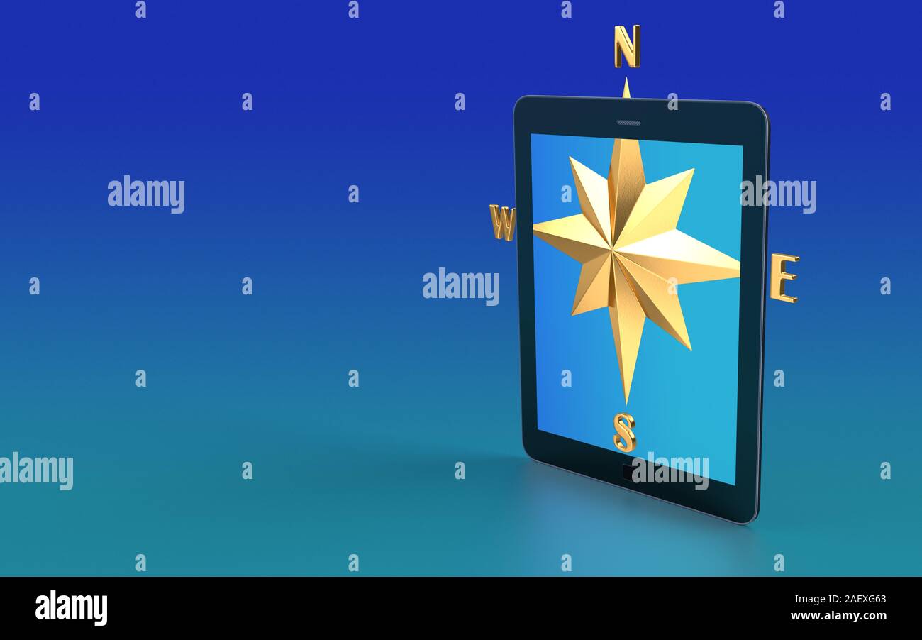 Compass symbol on and behind a modern digital tablet screen. High ...