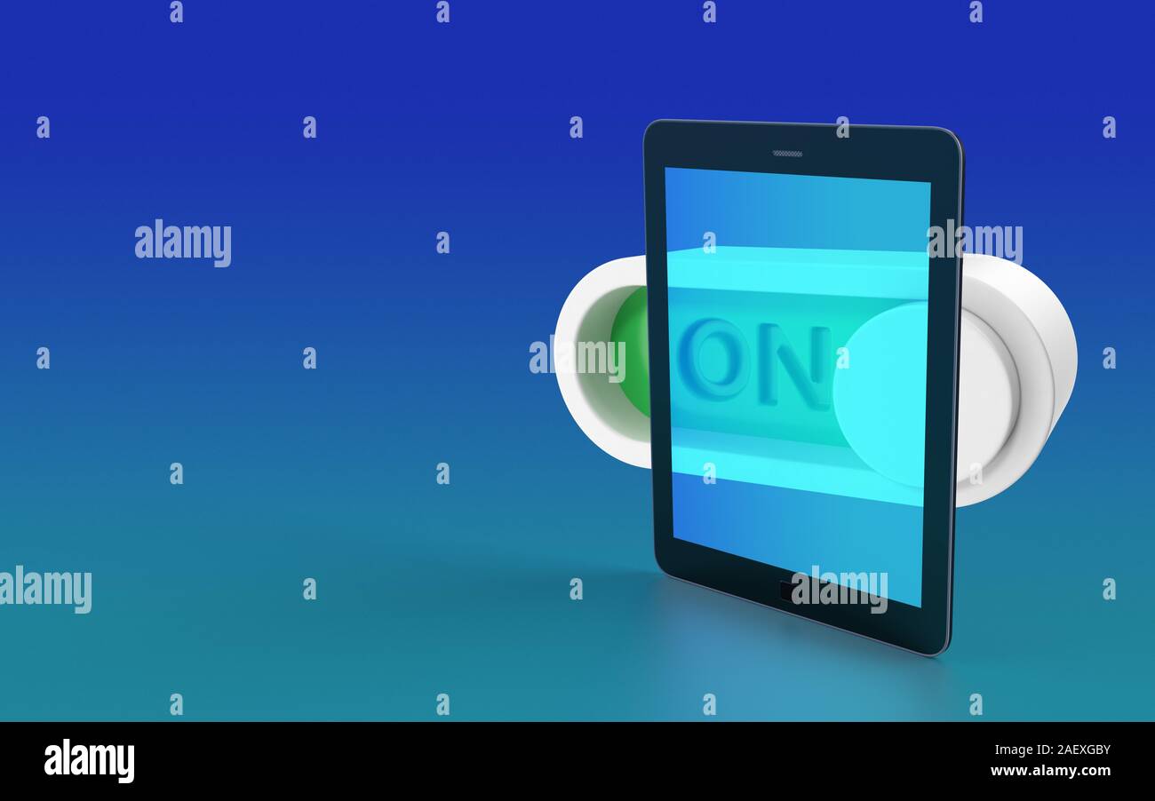 On and Off Button on and behind a modern digital tablet screen. High ...