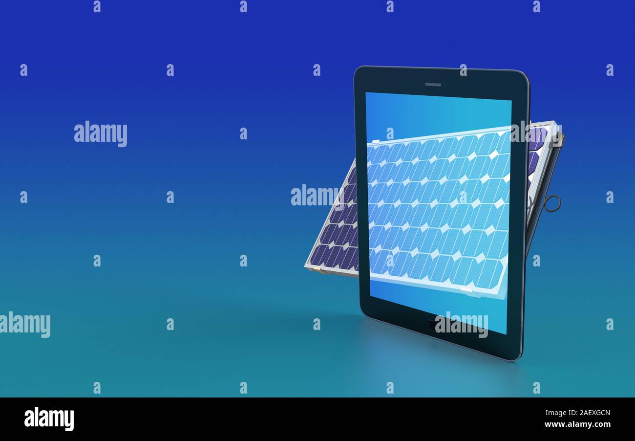 Tablet Using Solar Panel Solar Panel on and behind a modern digital tablet screen. High ...