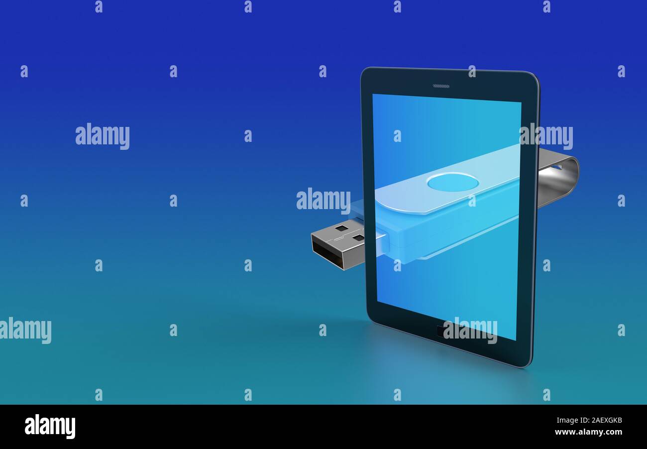 USB flash drive symbol on and behind a modern digital tablet screen ...