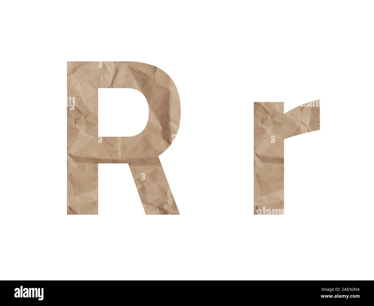 Letter R font alphabet Lettring isolated on white. Crumpled wrapping paper textured effect, crease crack bruising. Isolate paper uppercase lowercase Stock Photo