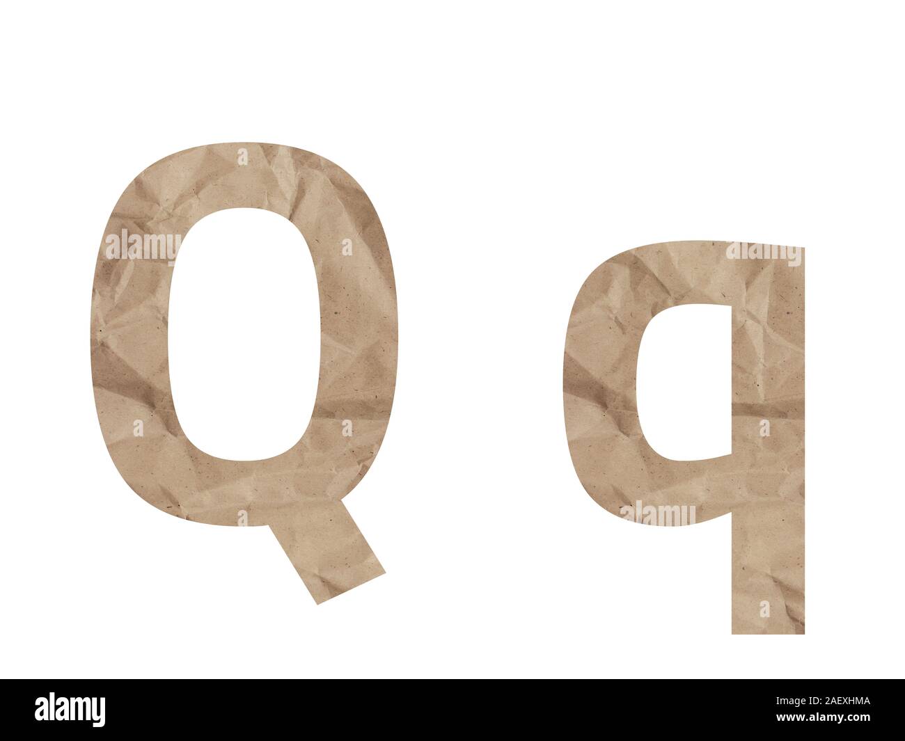 Letter Q alphabet font lettring isolated on white. Crumpled wrapping paper crease crack bruising. Isolate paper uppercase lowercase letter latin Stock Photo