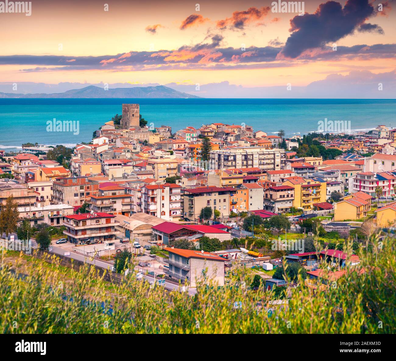 Colorful spring sunrise on the Brono town. Mediterranean sea, Sicilia, Italy, Europe. Stock Photo