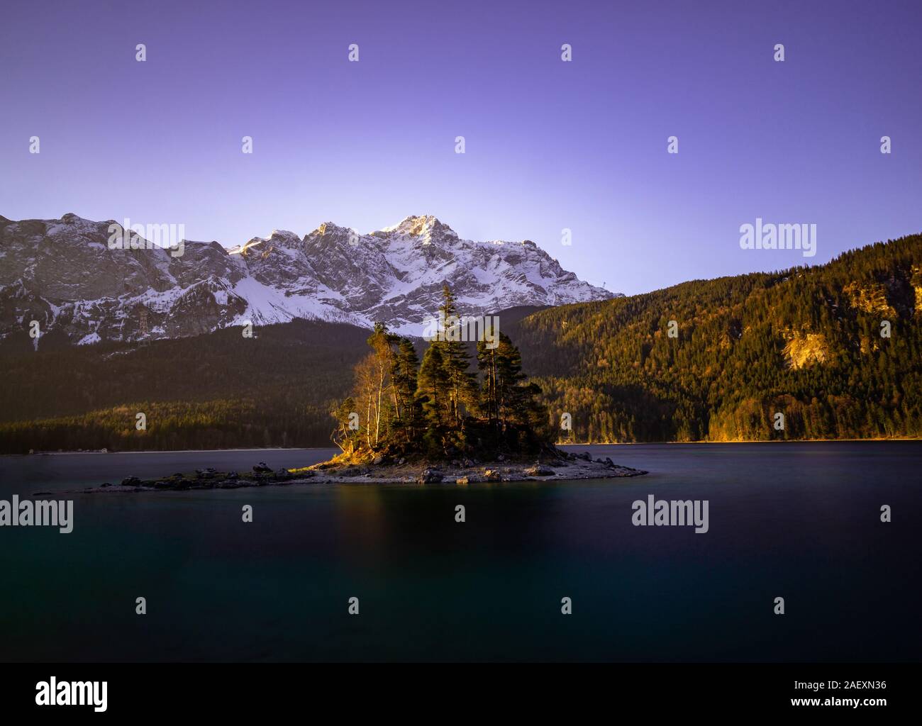 An image of the Eibsee and the Zugspitze in Bavaria Germany Stock Photo