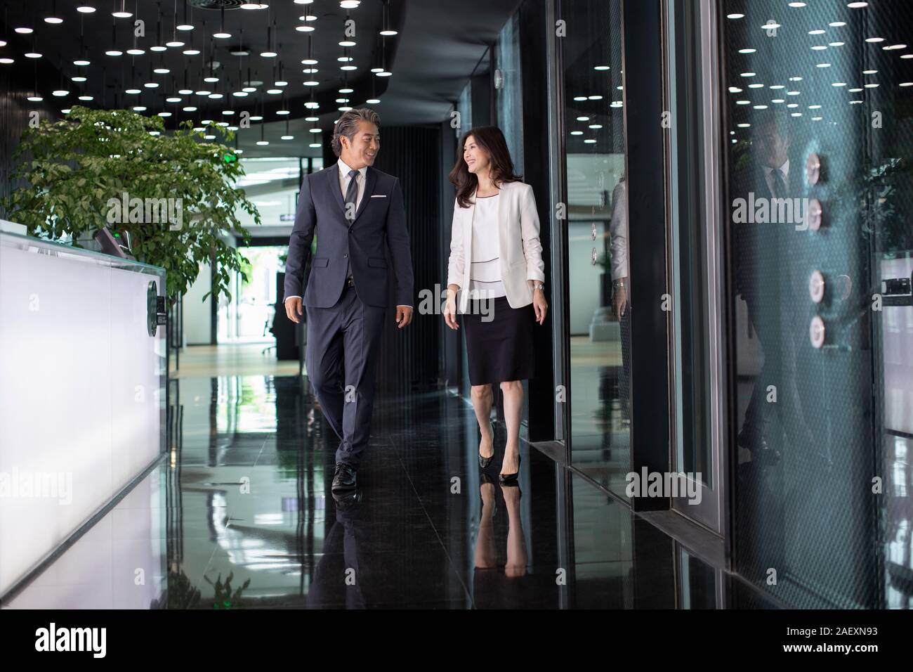Two successful business people walking and talking in lobby Stock Photo ...
