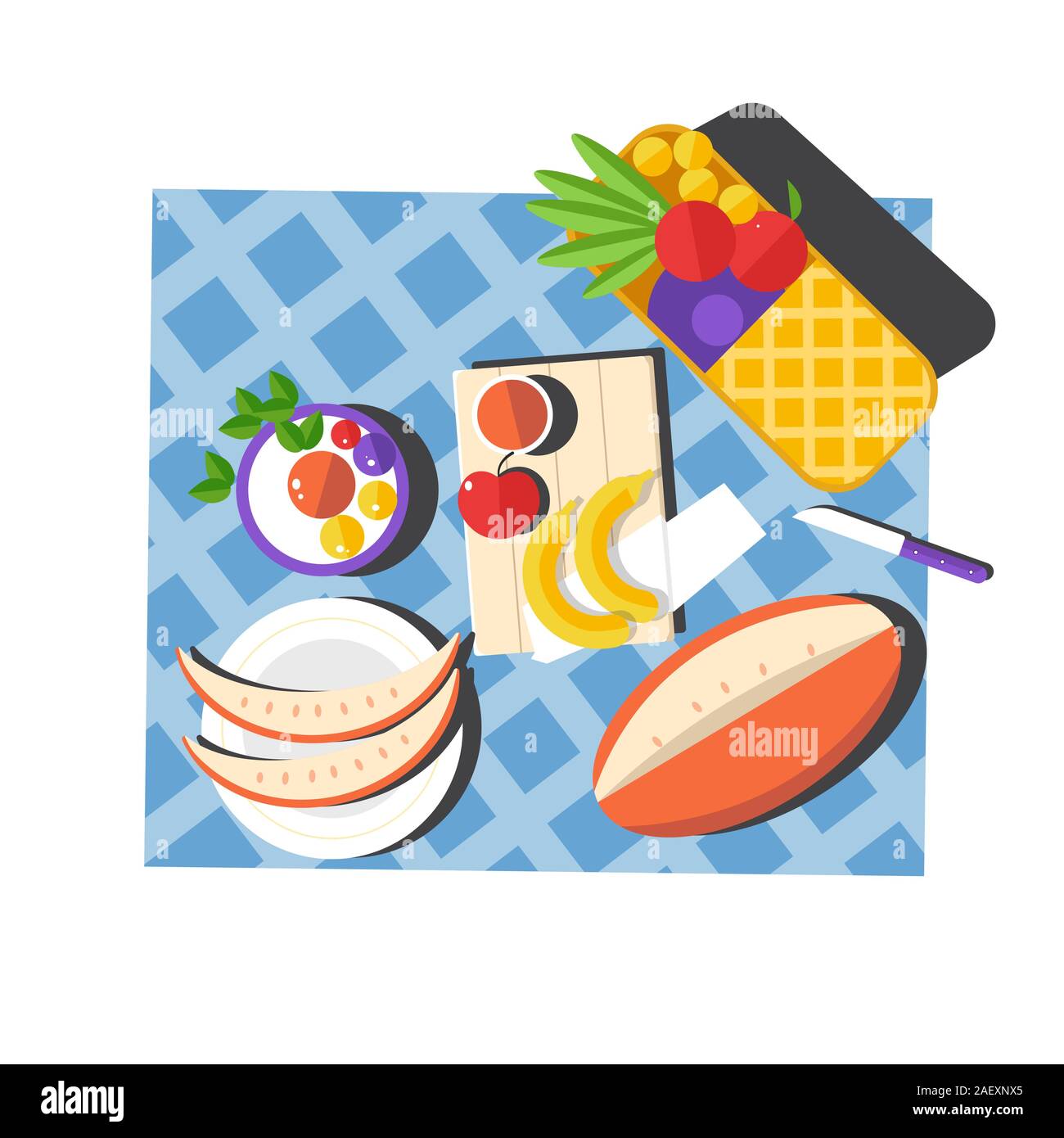 Picnic layout top view with sliced watermelon and fruits Stock Vector