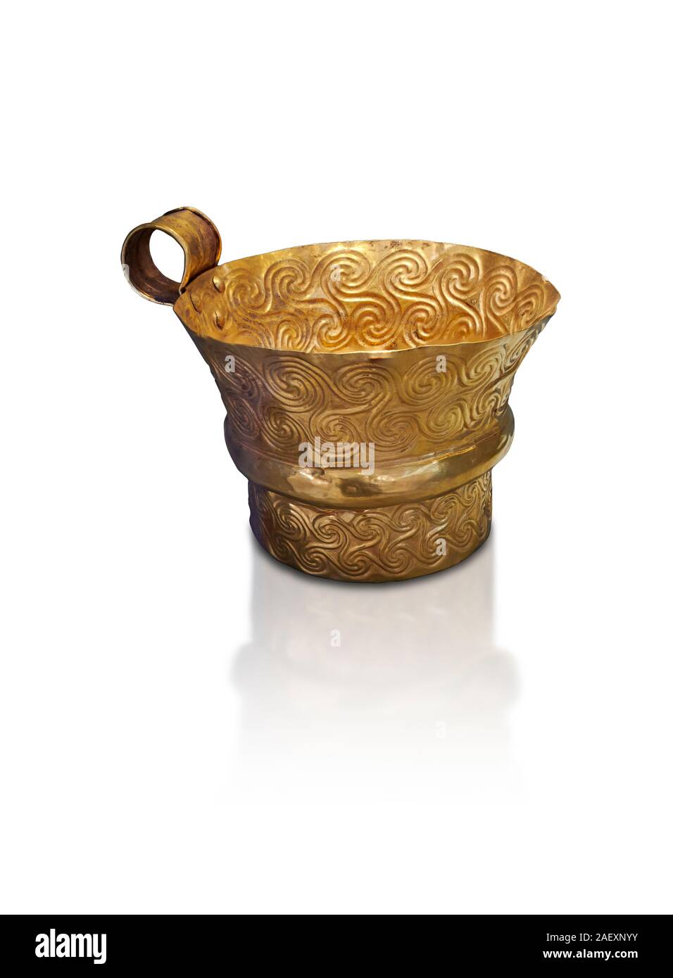 Mycenaean gold cup with spiral decorations, Grave V, Grave Circle A,  Mycenae, Greece. National Archaeological Museum of Athens.  White background.  A Stock Photo