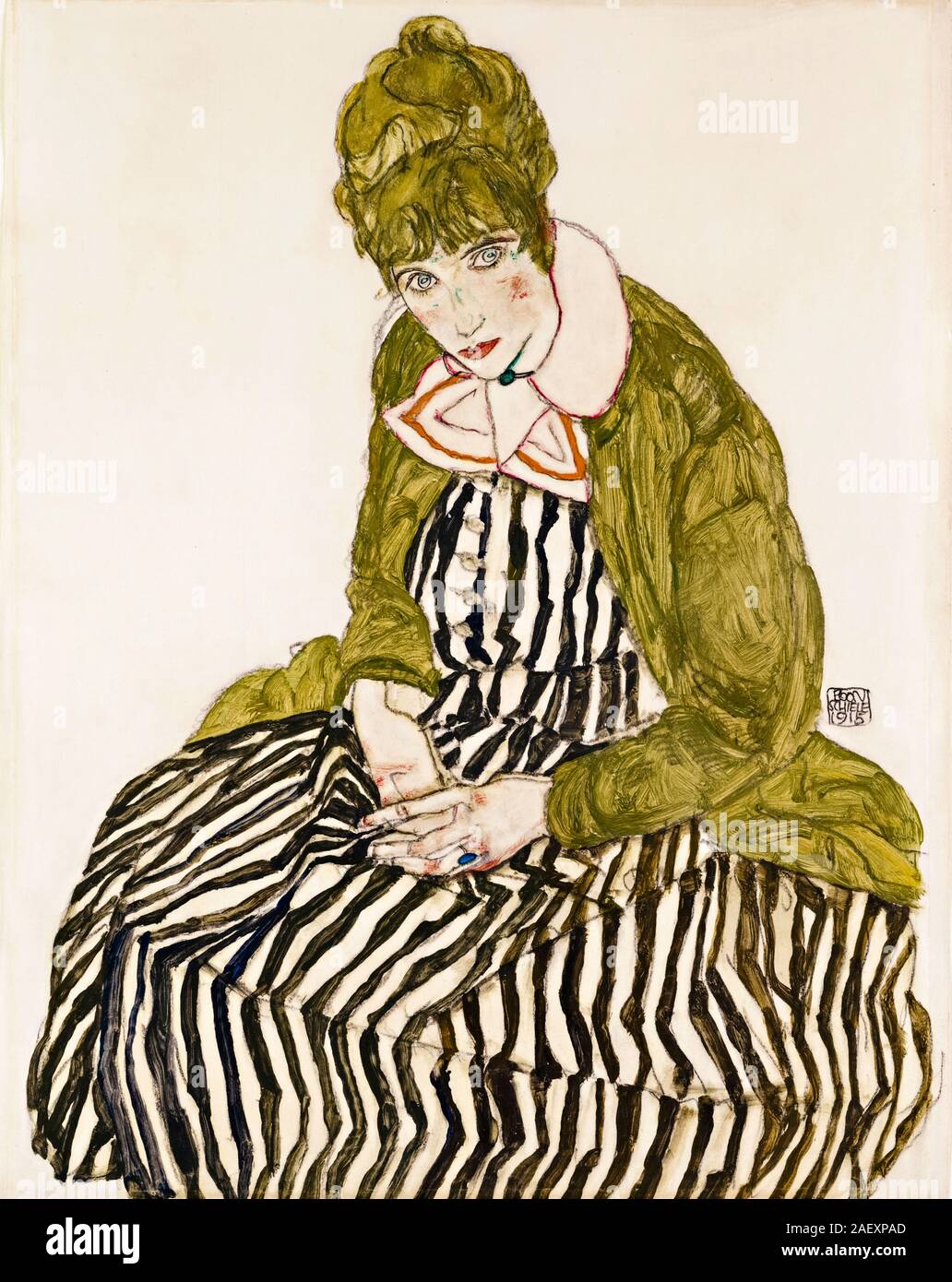 Egon Schiele, Edith with Striped Dress, Sitting, painting, 1915 Stock Photo