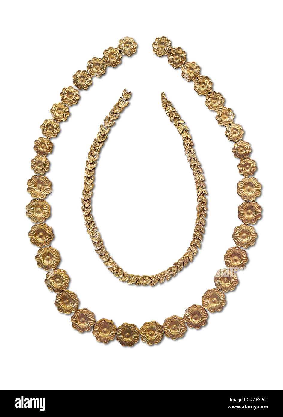 Mycenaean gold necklace from the Mycenaean cemetery of Midea tholos tomb , Dendra, Greece. National Archaeological Museum Athens. White Background.  I Stock Photo