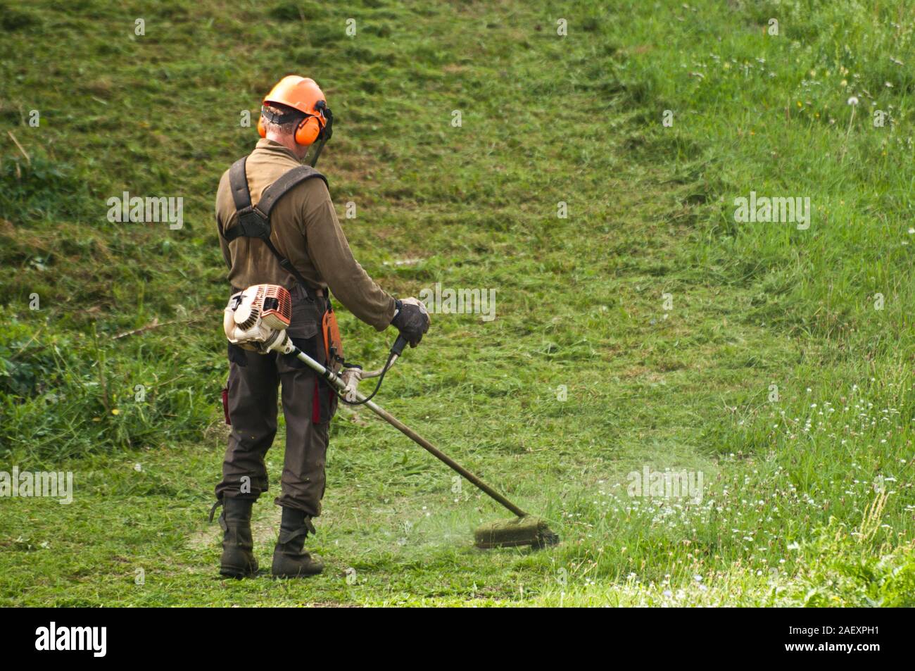 worker trimming grass using an hand-held mechanical trimmer Stock Photo