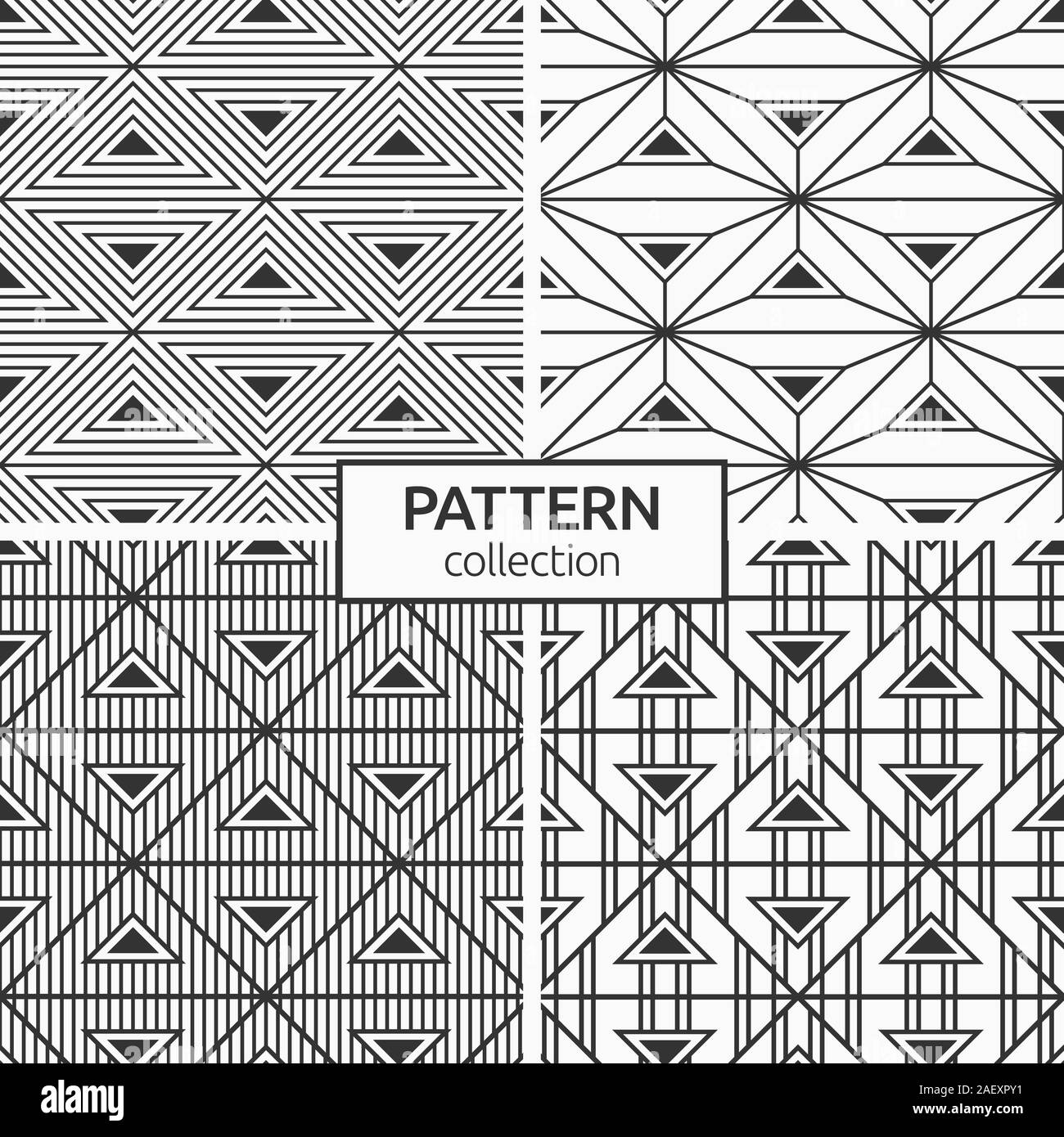 Set of four abstract geometric seamless patterns. Striped triangles. Ethnic ornaments. Mosaic textures. Backgrounds for cloth, fabric, textile. Stock Vector