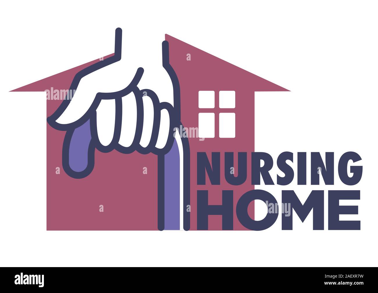Nursing home logo with hand holding cane and house icon Stock Vector