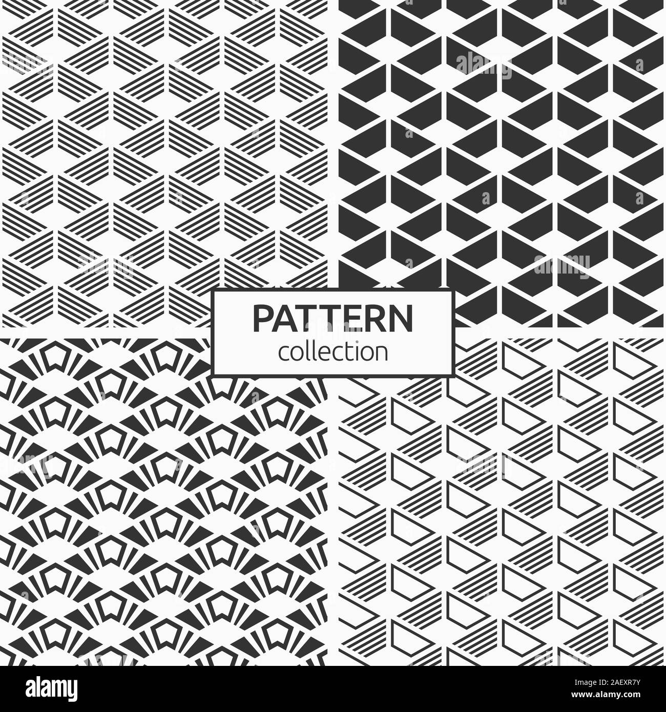 Set of four abstract seamless patterns. Repeating geometric tiles. Contrast design, bold chevron, striped elements. Polygonal grids. Stock Vector