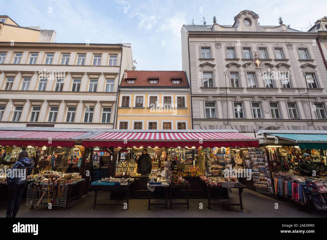 PRAGUE, CZECHIA - NOVEMBER 3, 2019: Halevske Trziste market in Prague, with a focus on stands selling souvenirs and arts items to tourists. It is the Stock Photo