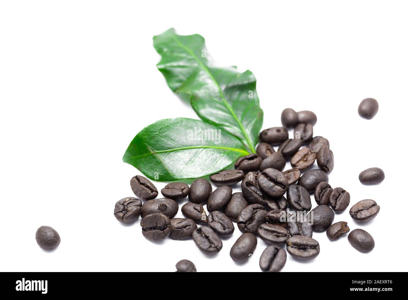 Coffee beans and leaves isolated on white background Stock Photo - Alamy