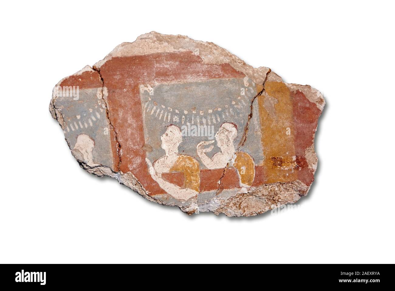 Mycenaean fresco wall painting of three women, Ramp House, Mycenae Acropolis, Greece Cat No 1015. National Archaeological Museum, Athens. White Backgr Stock Photo