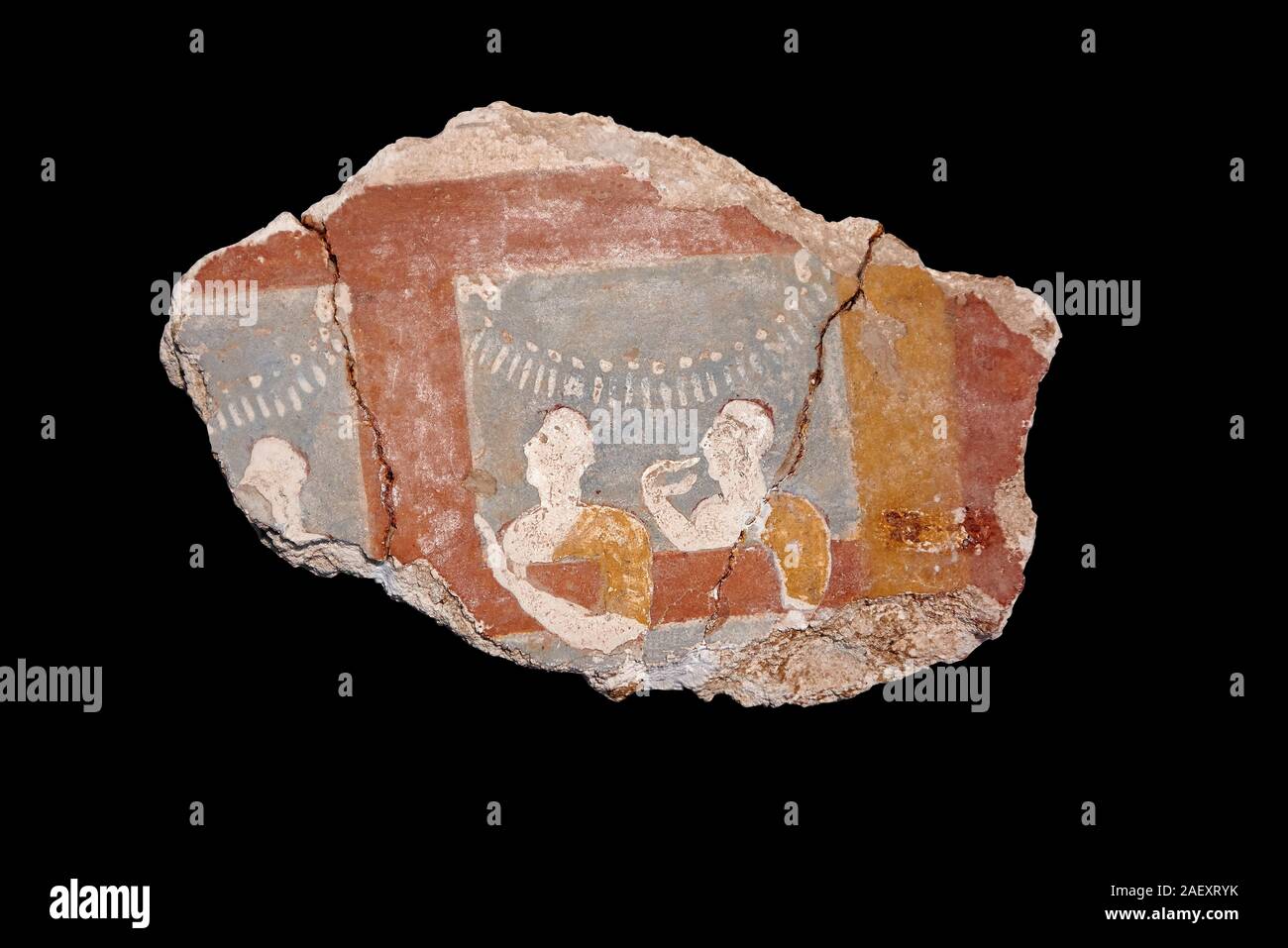 Mycenaean fresco wall painting of three women, Ramp House, Mycenae Acropolis, Greece Cat No 1015. National Archaeological Museum, Athens. Black Backgr Stock Photo