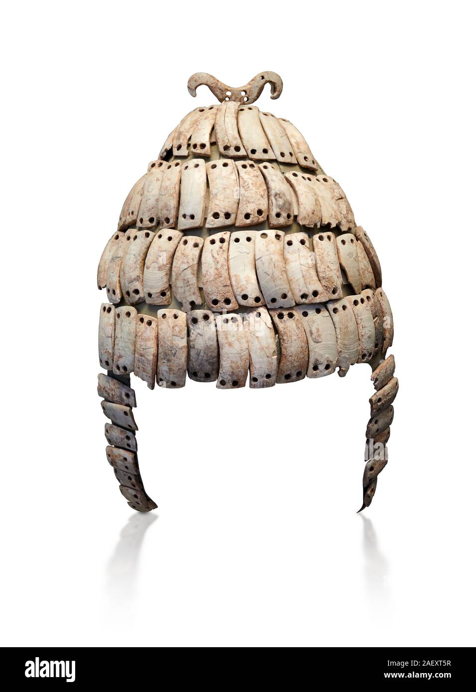 Mycenaean  Boars tusk helmet from Chamber tomb 515, Mycenae, 16th cent BC. National Archaeological Museum Athens. Cat No 6507. White Background.  Ths Stock Photo