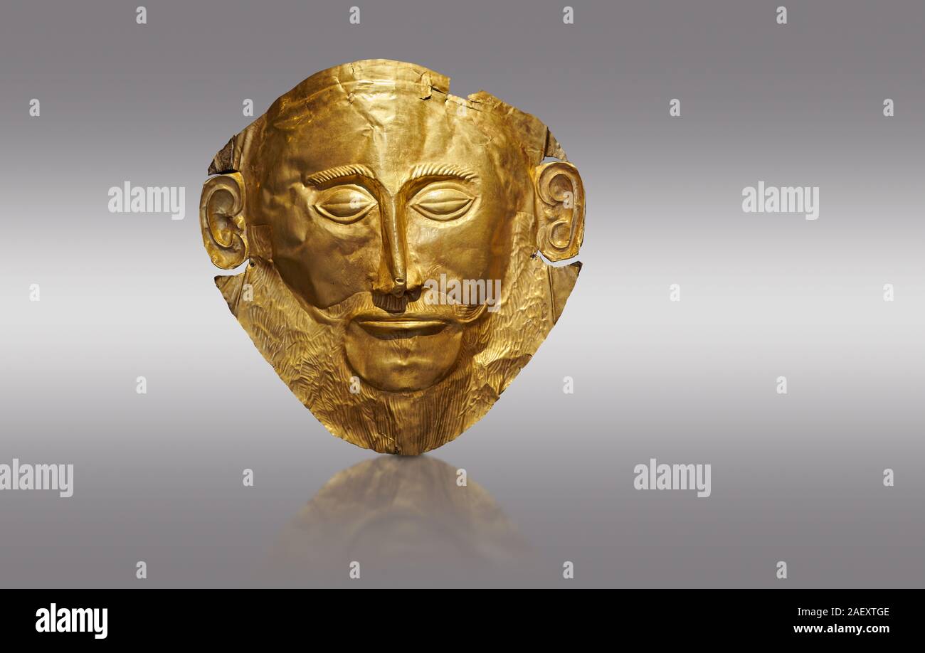 Mycenaean gold death mask, Mask of Agamemnon, Grave Cicle A, Mycenae, Greece.National Archaeological Museum of Athens.  Grey Background   The mask fro Stock Photo