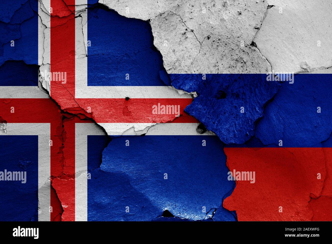 flags of Iceland and Russia painted on cracked wall Stock Photo - Alamy