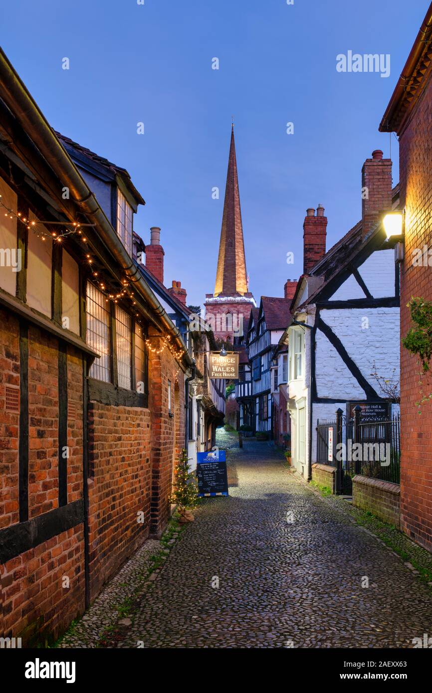 Church lane Ledbury with christmas lights in the evening, Herefordshire