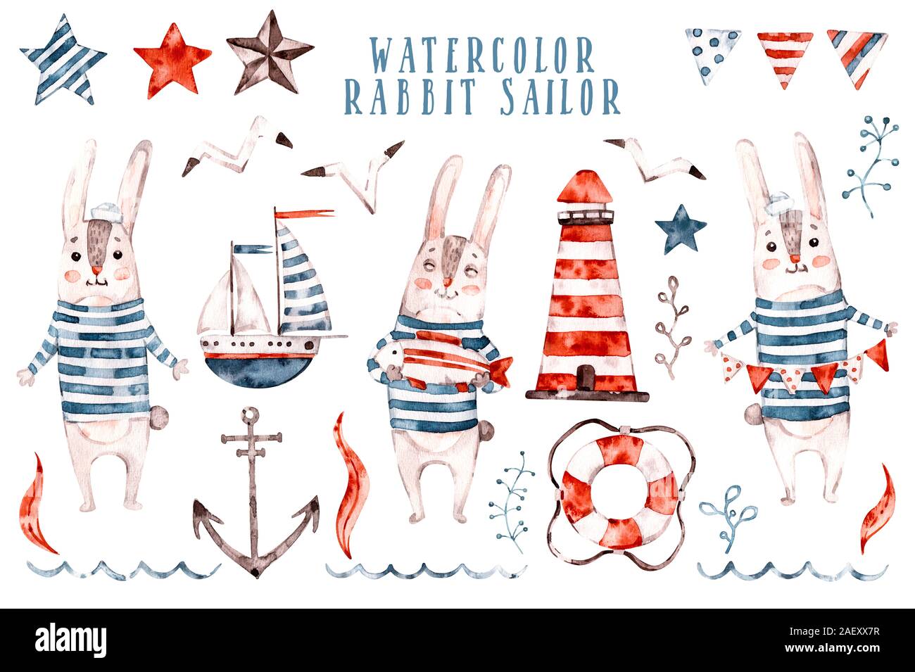 Hand painted watercolor illustration of a cute funny rabbits sailor in striped shirt. Nursery clipart with bunny and sea Isolated objects Stock Photo