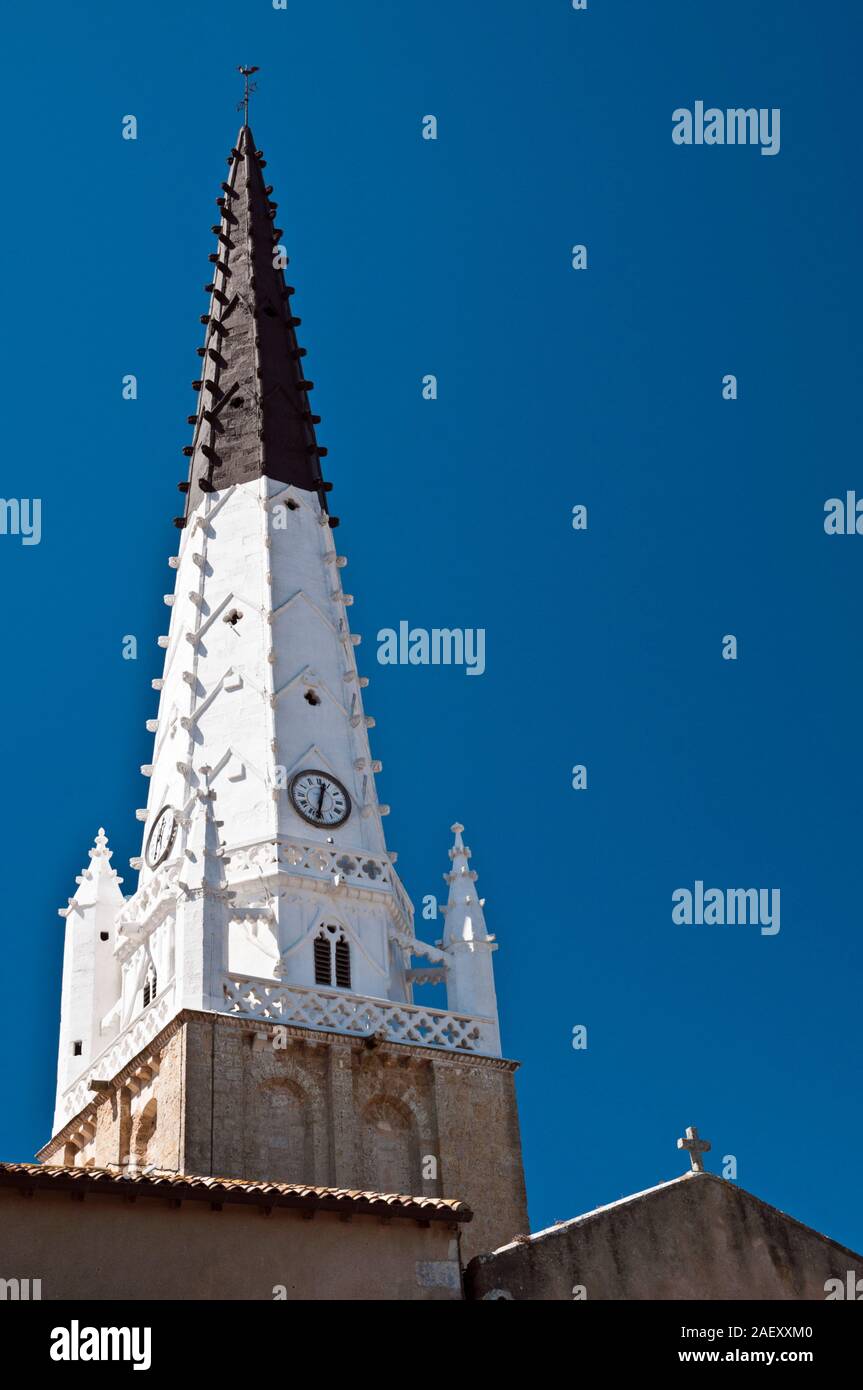 Steeple of Saint Etienne church in Ars-en-Re, one of the most beautiful villages of France, isle of Re, Charente-Maritime (17), Nouvelle Aquitaine reg Stock Photo