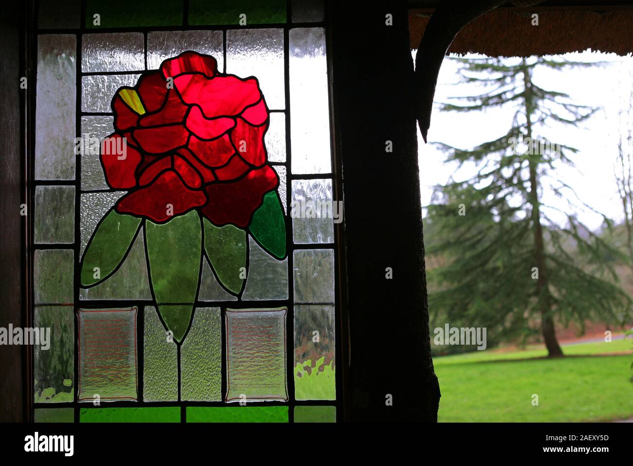 Stained glass window in the thatched summer house, Trelissick Gardens