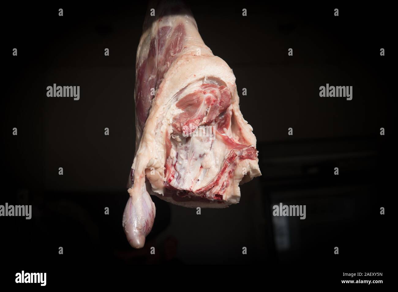 Goat hip meat hanging at an asian market or bazaar for sale. Stock Photo