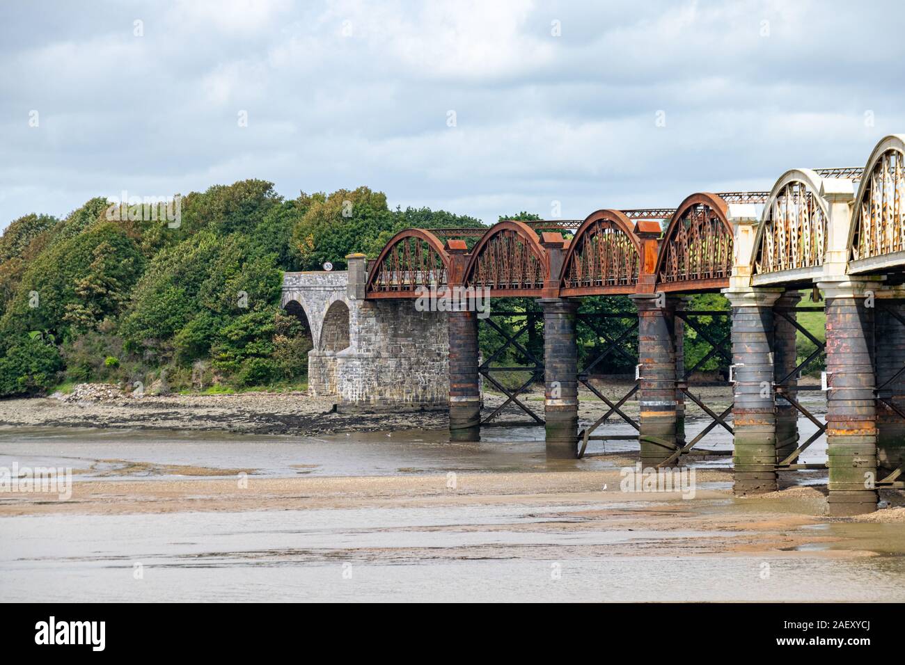 Mud flats underneath the railway bridge crossing the River Tavy at low tide, north of Plymouth, Devon, UK Stock Photo