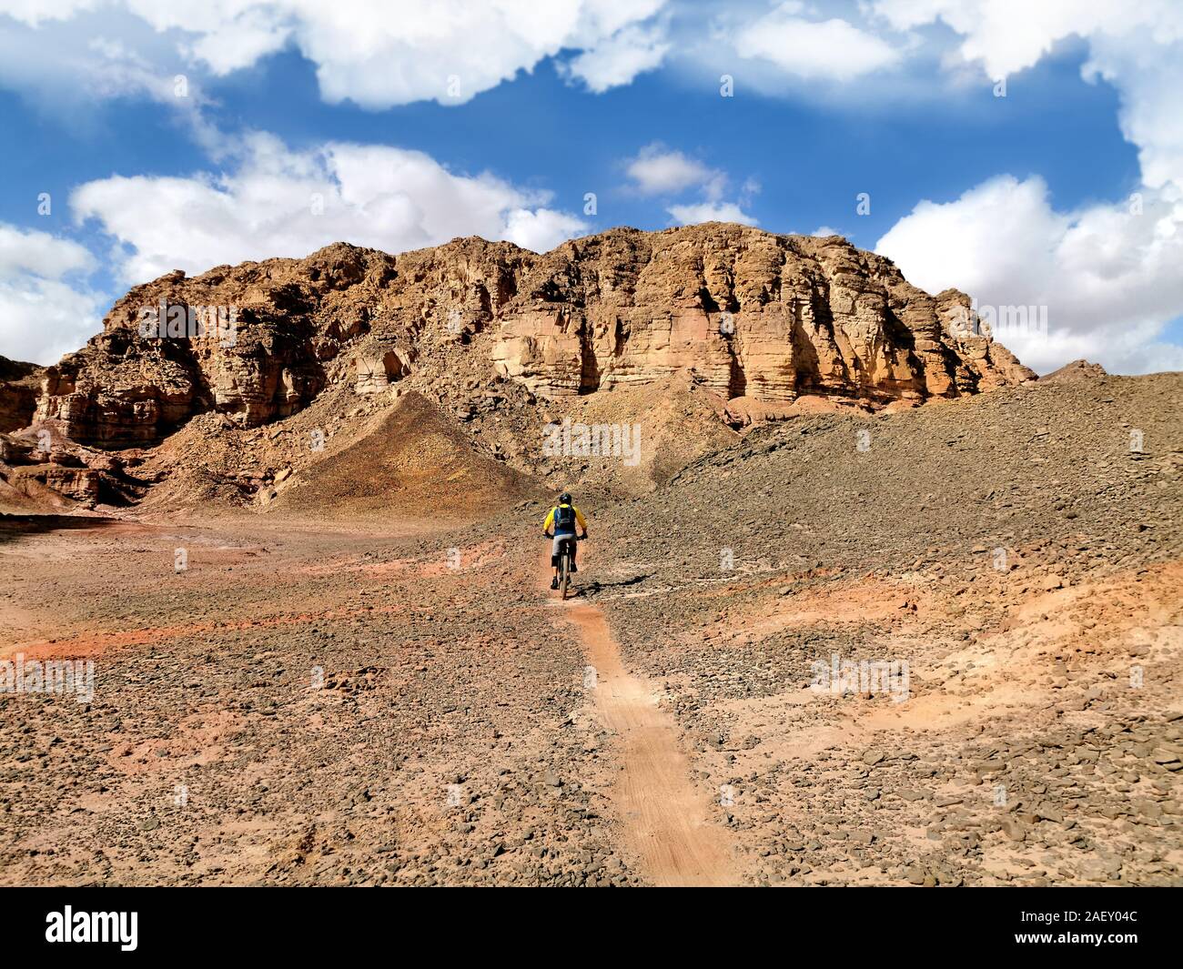 Cyclist in the colorful desert of Timna Park in Israel. National park Timna. Stock Photo