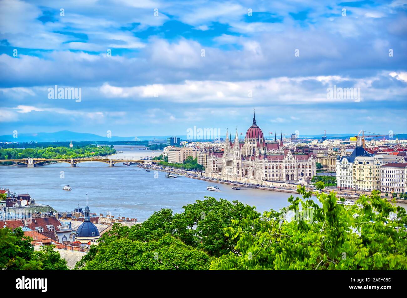 A view of Budapest, Hungary along the Danube River from Fisherman's Bastion. Stock Photo