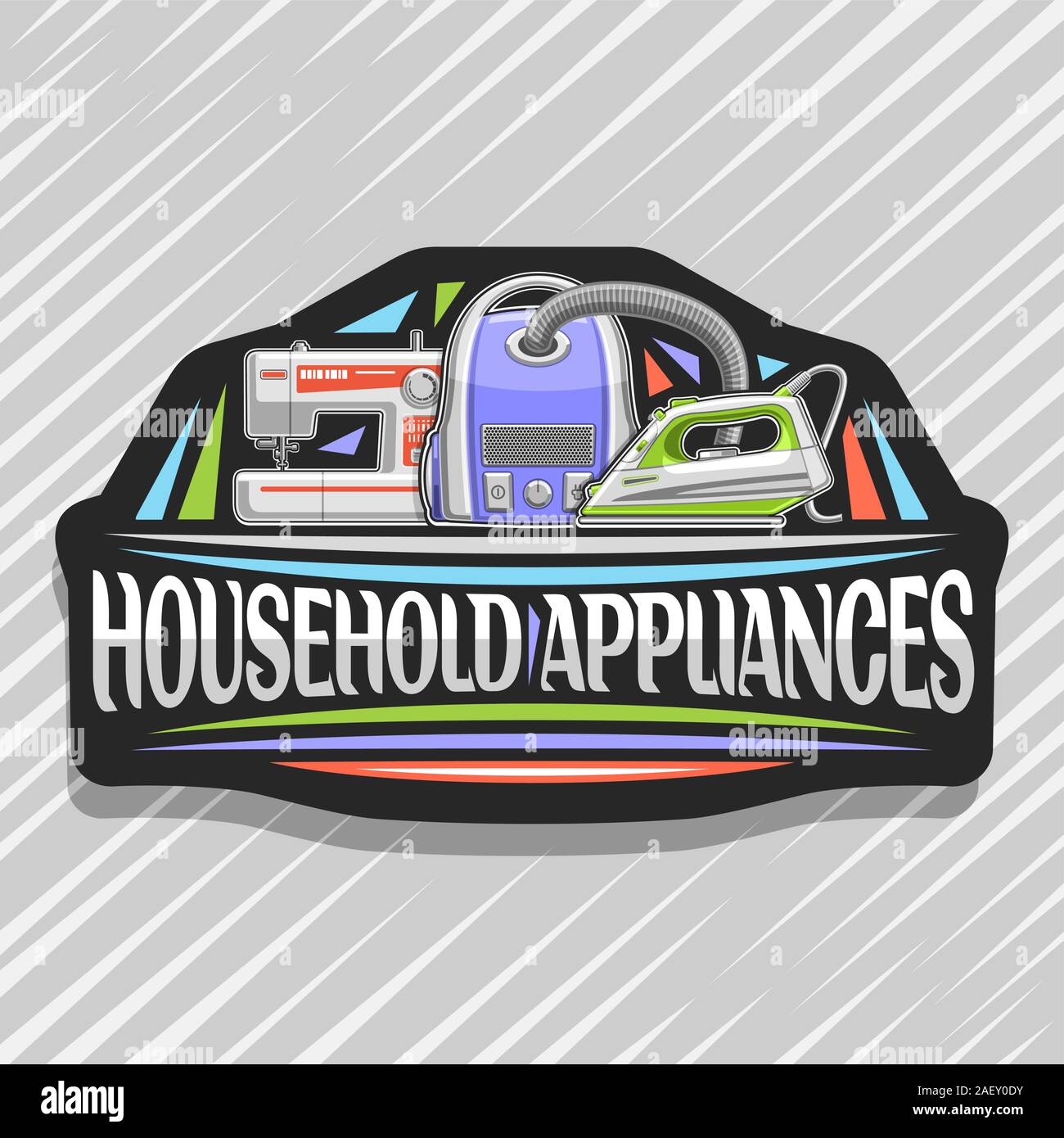 Vector Logo For Household Appliances Black Decorative Sticker With Cartoon Steam Iron Vacuum Cleaner And Sewing Machine Original Lettering For Word Stock Vector Image Art Alamy