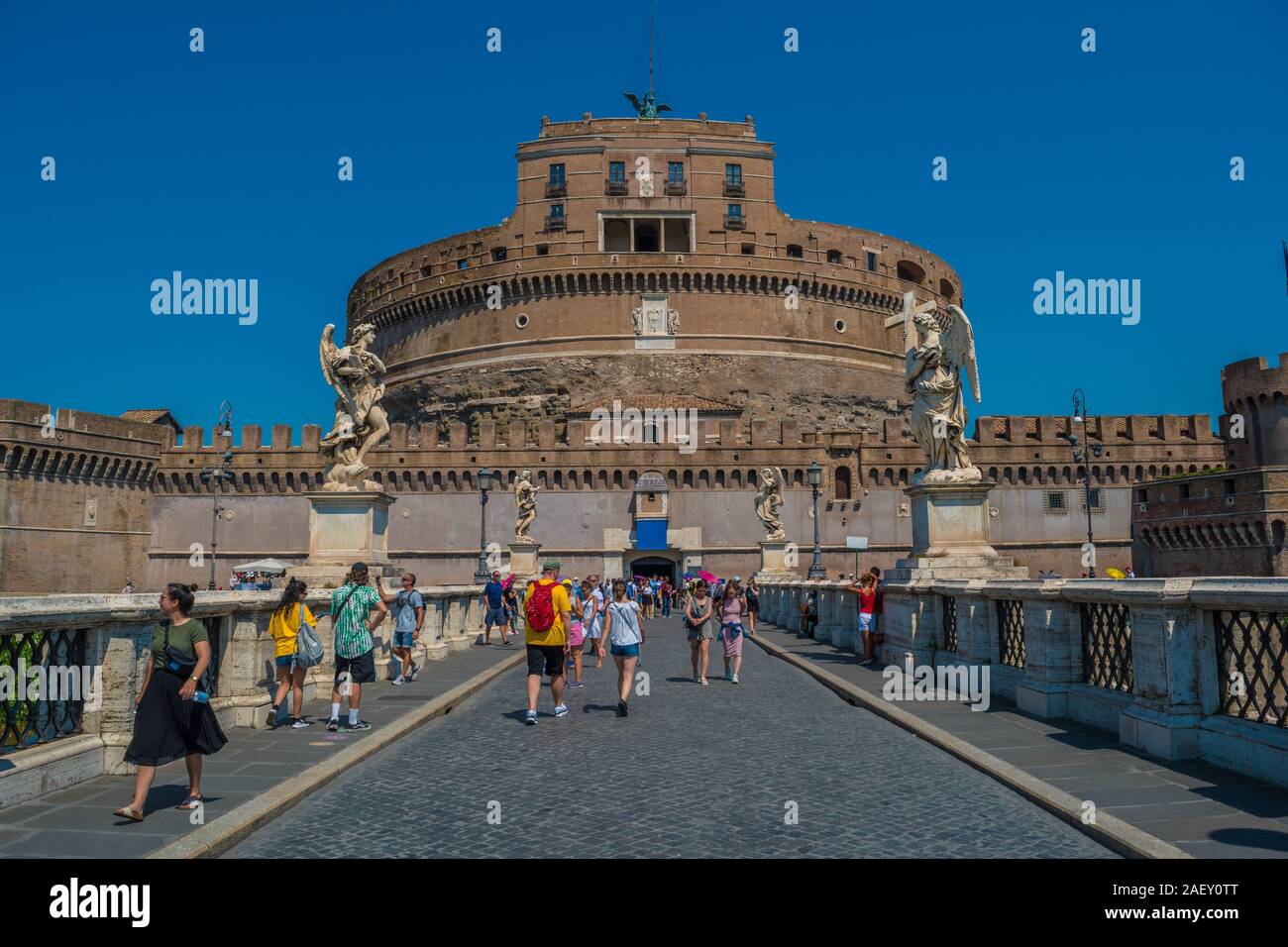 The Mausoleum of Hadrian, usually known as Castle Sant'Angelo, is a towering cylindrical building in Parco Adriano, Rome, Italy. It was initially comm Stock Photo