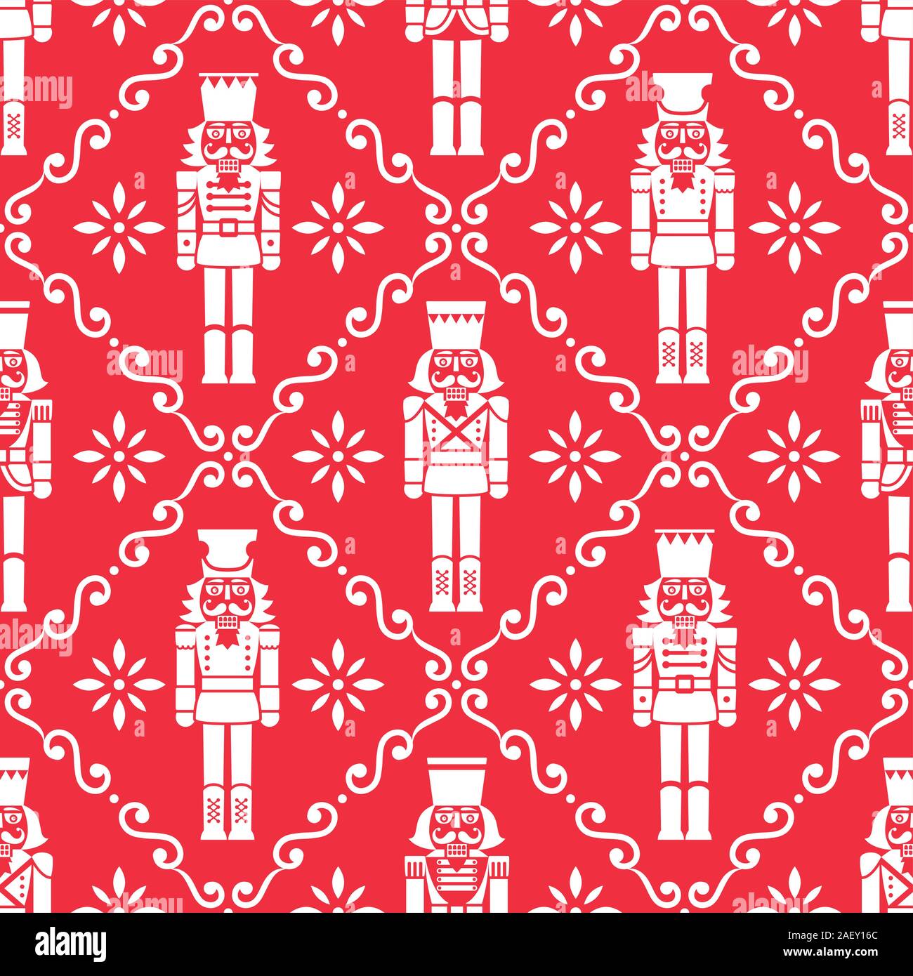 Christmas nutcrackers vector seamless pattern - Xmas soldier figurine repetitive white ornament on red, textile design Stock Vector