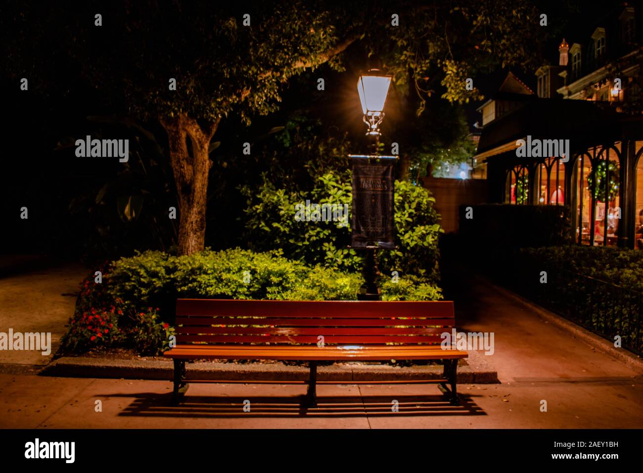 Orlando, Florida. November 29, 2019. Vintage style park bench and ...