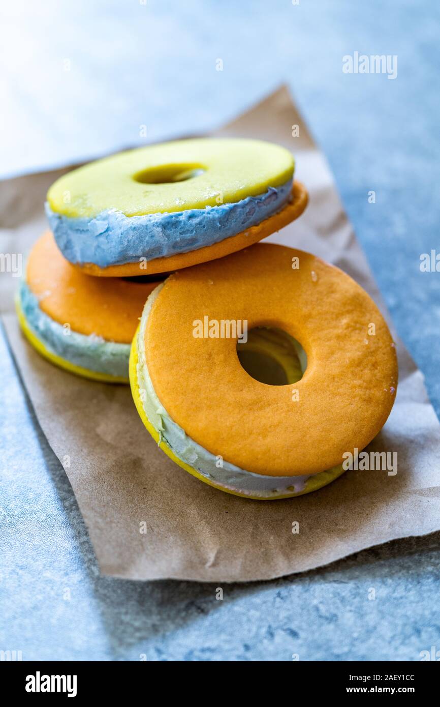 Homemade Colorful Ice Cream Cookie Sandwich Donuts with Blue Italian
