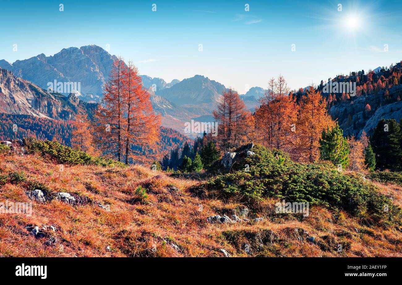 Splendid view from top of Falzarego pass with Lagazuoi mountain. Colorful autumn morning in Dolomite Alps, Cortina d'Ampezzo lacattion, Italy, Europe. Stock Photo