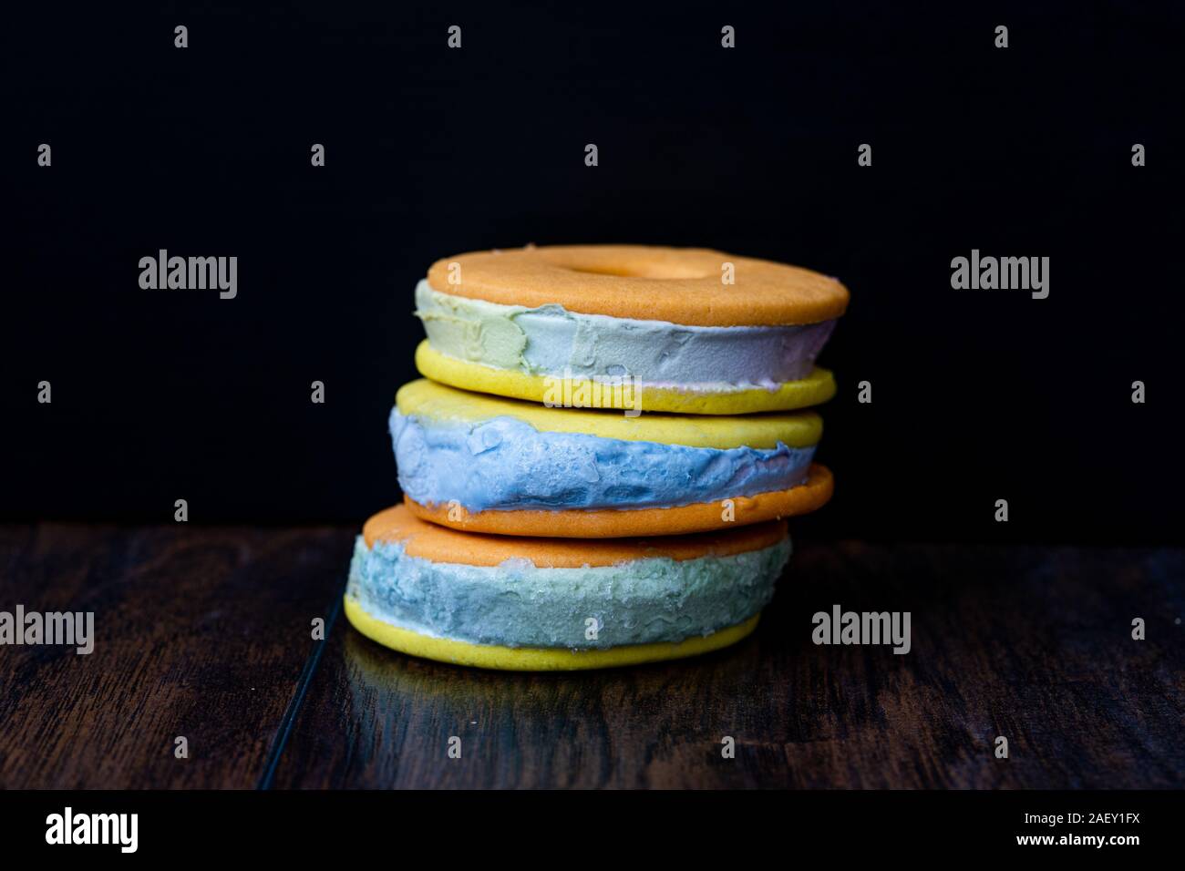 Homemade Colorful Ice Cream Cookie Sandwich Donuts with Blue Italian