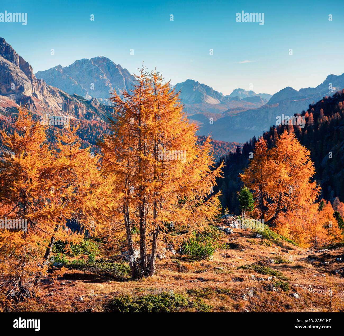 Splendid view from top of Falzarego pass with Lagazuoi mountain. Colorful autumn morning in Dolomite Alps, Cortina d'Ampezzo lacattion, Italy, Europe. Stock Photo