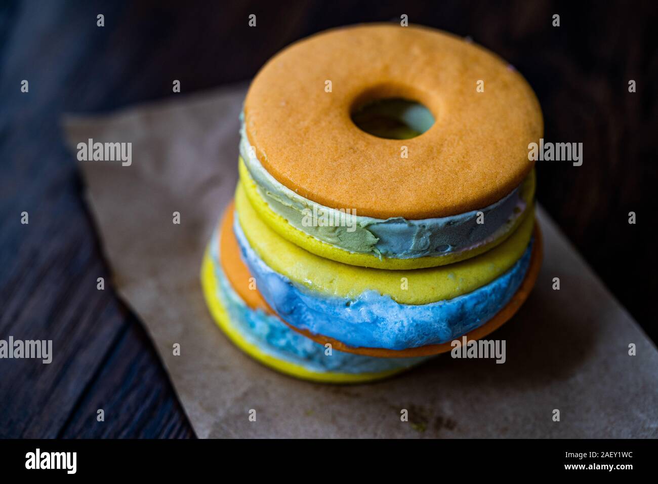 Homemade Colorful Ice Cream Cookie Sandwich Donuts with Blue Italian
