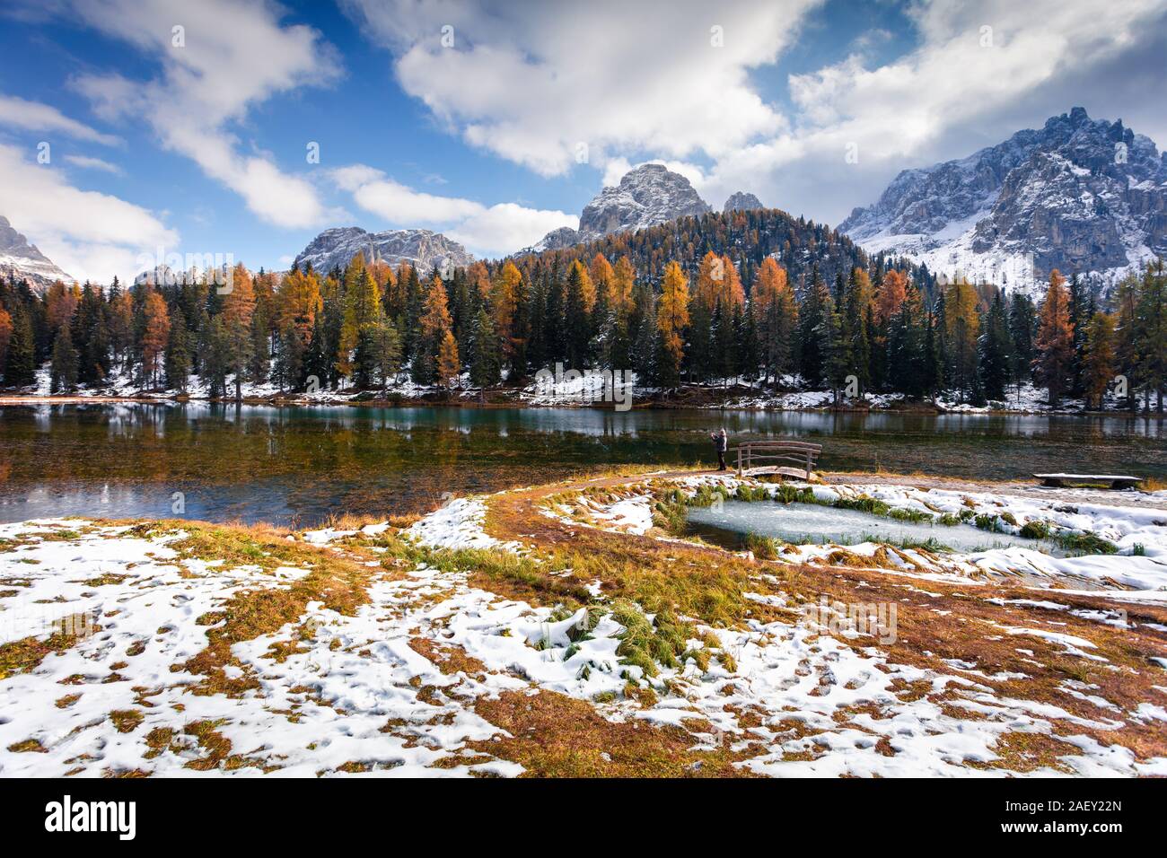 Morning scene on Antorno lake. Colorful autumn landscape in National ...