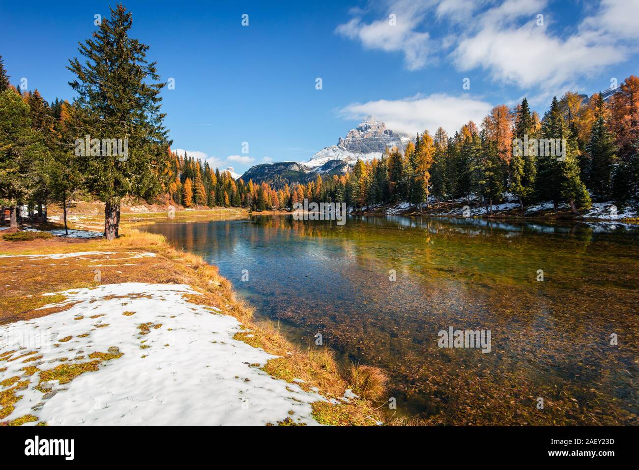 Sunny morning scene on Antorno lake. Colorful autumn landscape in ...